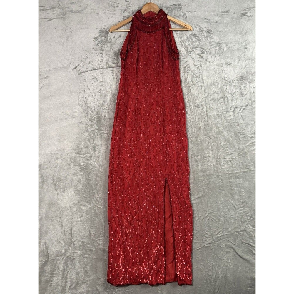 VTG Laurence Kazar Red Beaded Silk Maxi Gown Dress Size S 90s Prom Glam Sequin